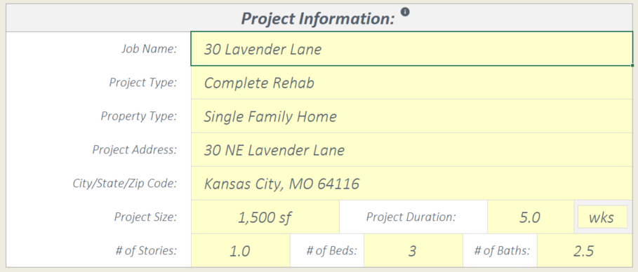Project Information Setup Screenshot